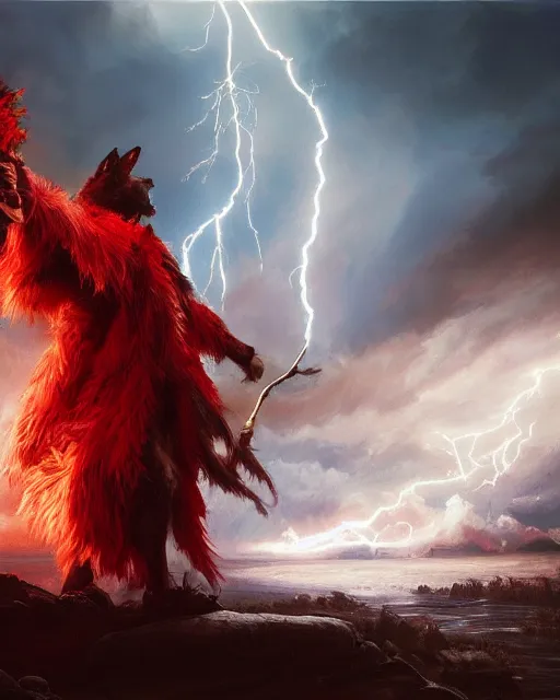 Image similar to oil painting of Anthropomorphized Wolf Shaman holding long magical lightning staff, wearing red fur cloak, sharp focus, lightning storm background, magical aura, heroic pose, fantasy style, octane render, volumetric lighting, 8k high definition, by greg rutkowski, highly detailed, trending on art Station, magic the gathering artwork, Lightning storm background, centered, dramatic artwork