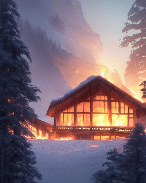 Image similar to mountain chalet covered in fire, smoke, sunrise, snow, sharp details, sharp focus, elegant, highly detailed, illustration, by Jordan Grimmer and greg rutkowski and PiNe(パイネ) and 薯子Imoko and 香川悠作 and wlop and maya takamura, intricate, beautiful, Trending artstation, pixiv, digital Art