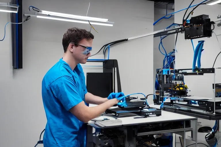 Prompt: technician calibrating a 3 d printer