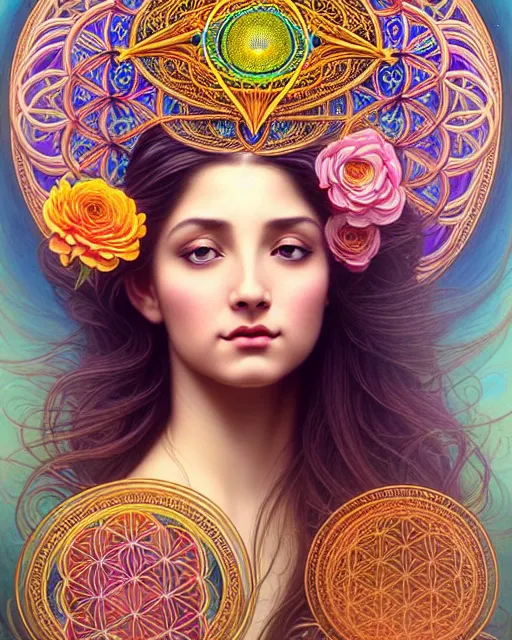 Prompt: Portrait of a very beautiful gorgeous young woman with long flowing hair in front of flower of life mandala wearing a huge elaborate detailed ornate crown made of all types of realistic colorful flowers, turban of flowers, sacred Geometry, Baroque art, Cinematic lighting, Portrait, headshot, in style of Artgerm, WLOP, Peter Mohrbacher, William adolphe Bouguereau, cgsociety, artstation, Rococo and baroque styles, symmetrical, hyper realistic, 8k image, 3D, supersharp, pearls and oyesters, turban of vibrant flowers, satin ribbons, pearls and chains, perfect symmetry, iridescent, High Definition, Octane render in Maya and Houdini, light, shadows, reflections, photorealistic, masterpiece, smooth gradients, no blur, sharp focus, photorealistic, insanely detailed and intricate, cinematic lighting, Octane render, epic scene, 8K