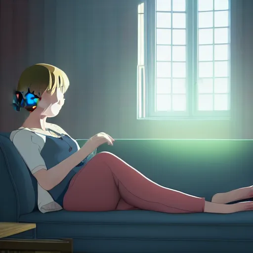 Prompt: girl sits on the sofa and listens to music, the sun shines through the window, highly detailed, 8 k, by kyoto animation