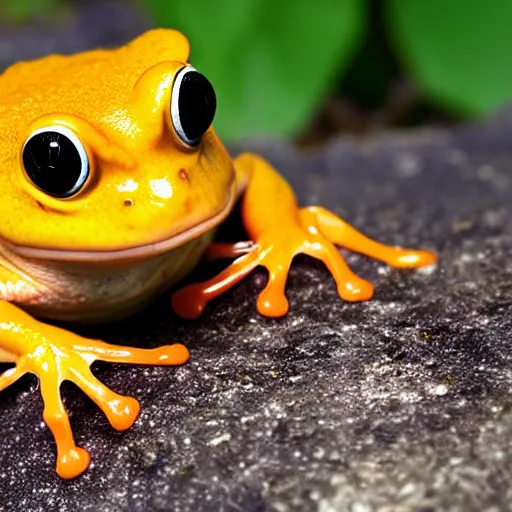 Prompt: photo orange and { yellow } frog