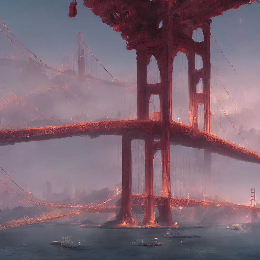 Prompt: A utopian cityscape with the Golden Gate Bridge, concept art, artstation, 4k, by Hayao Miyazaki and Craig Mullins