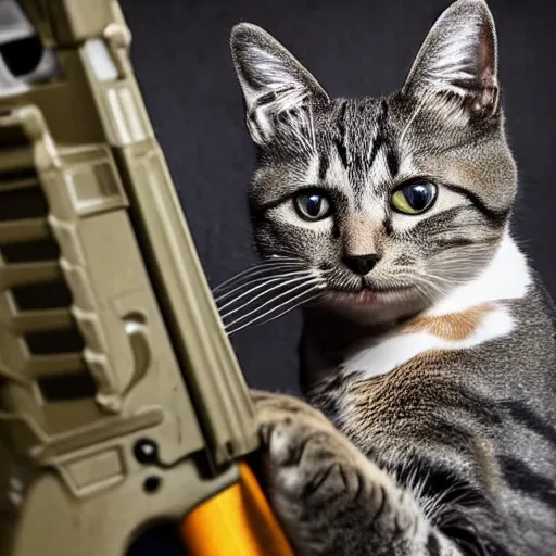 Prompt: A cat firing an AK-47 like a human soldier, award-winning photography