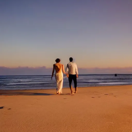 Prompt: a married couple in their early thirties that are learning to trust each other better, walking down a secluded beach during the golden hour quietly contemplating the newfound beauty found inside the other person while growing ever more deeply in love with each other.