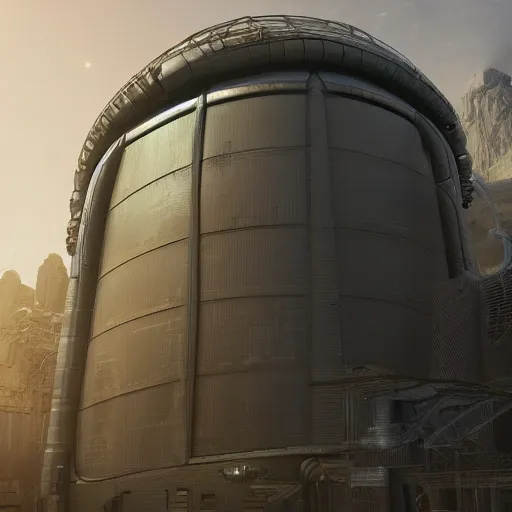 Prompt: 3 d sculpted model of scifi cylindrical bulbous industrial building facade by moebius, mass effect, starship troopers, elysium, prometheus, the expanse, high tech industrial, artstation, unreal, unity, maya, houdini, dramatic cinematic lighting