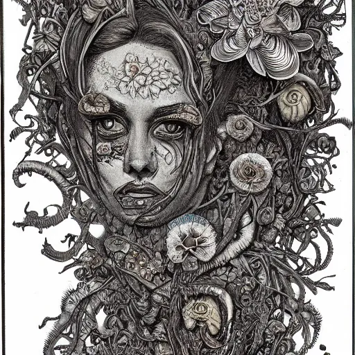 Prompt: a beautiful detailed front view portrait of a rotten woman corpse with fractal plants and fractal flowers and mushrooms growing around, symmetrical, ornate, ornamentation, illustration, in the style of art nouveau