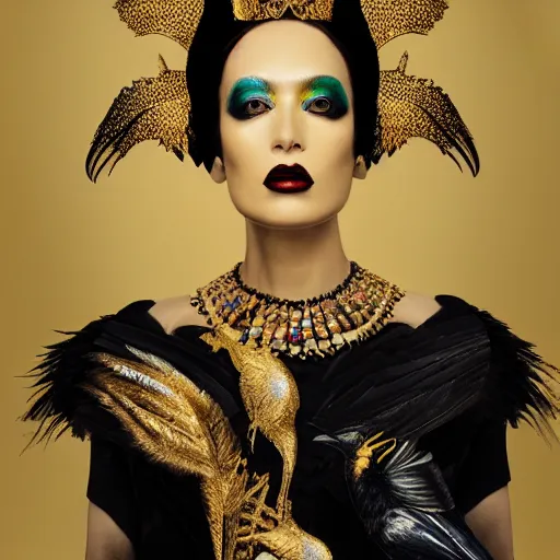 Image similar to a breathtaking portrait of a fierce proud queen of ravens, in a black dress with a collar made of iridescent feathers and golden adornments, geometrical background, gold foil, intricate details, by soey milk and amir ershadi and anja millen