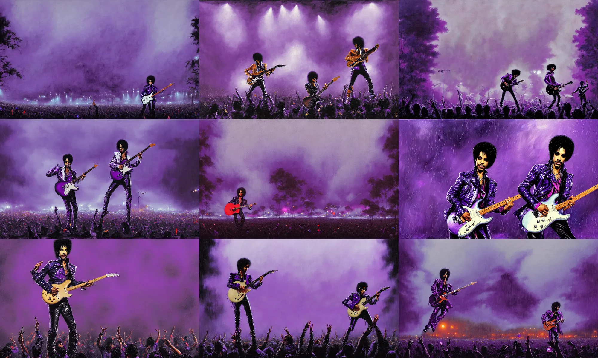Prompt: prince playing the guitar in the purple rain to a very large audience in the rain, low light, beautiful atmosphere, misty, rainy, live audience going wild with stagediving in the foreground, painting by james jean and greg rutkowski
