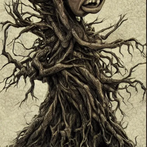 Image similar to a dramatic twisted screaming tree with the face of a human, haunting art, brian froud style, 8 k, trending on artstation