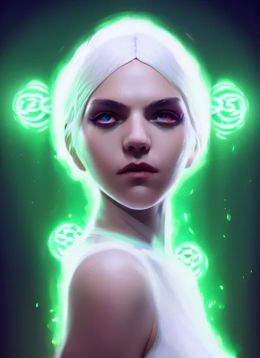 Image similar to a beautiful white - haired girl with green eyes dressed as a superhero, pyromancer, glowing orbs, intricate, elegant, highly detailed, digital painting, artstation, concept art, smooth, sharp focus, illustration, ethereal, misty, by ilya kuvshinov and jeremy mann, 8 k, octane render