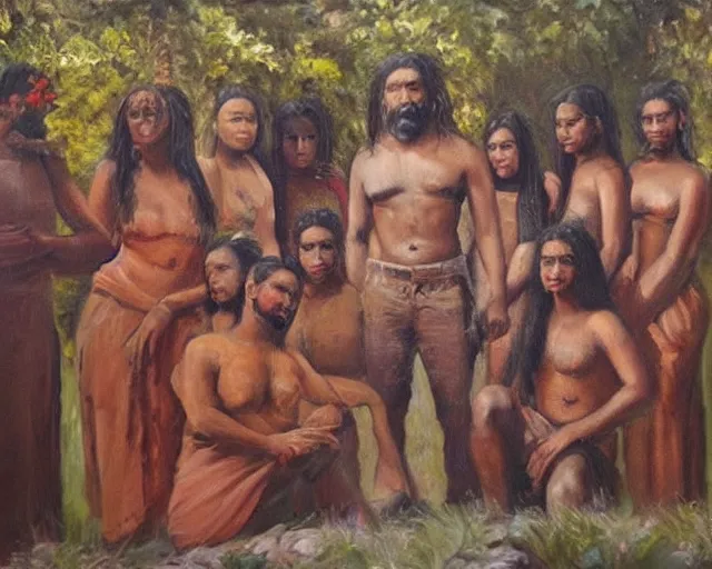 Image similar to beautiful oil painting of a brown man and his 7 wives in the afterlife.