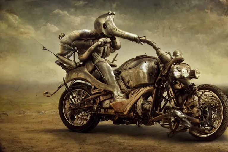 Image similar to full color hd photo of a motorcycle, octane render 4 k, by hieronymus bosch, joel peter witkin, annie liebovitz. gustave dore, hr giger, zdzisław beksinski, epic, artstation, cgisociety, weta, disney