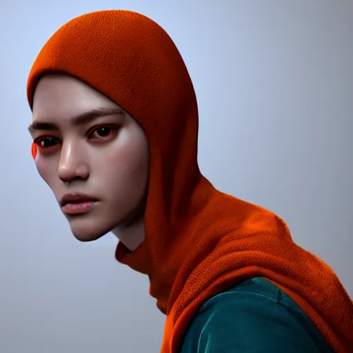 Prompt: character art of a human with bird head, trending on art station, orange and teal color, cgsociety, octane render