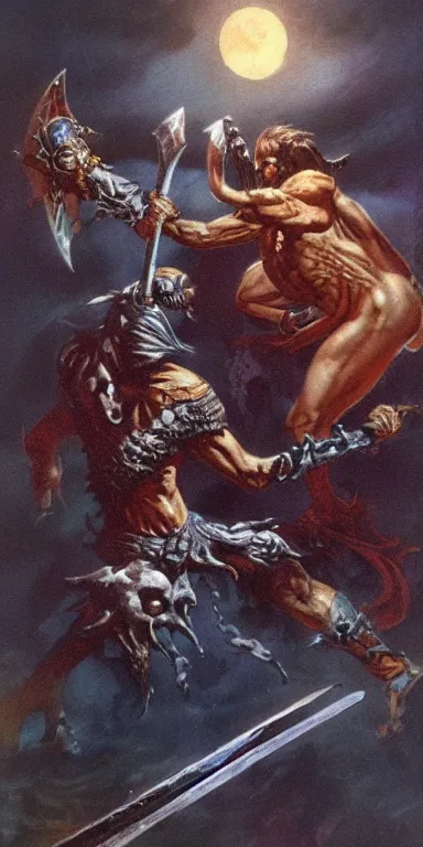 Image similar to the undead barbarian warrior fights a god, night scene, concept art by boris vallejo and michael whelan