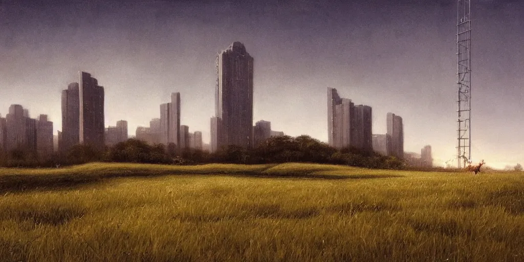 Prompt: a tall building over a grass field at night, game background, illustration, detailed, smooth, soft, warm, by Adolf Lachman, Shaun Tan, Surrealism