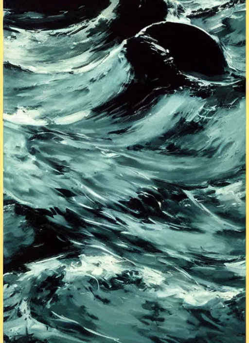 Prompt: swimming dale cooper drowning in black liquid, billowing black waves in the ocean, painting by phil hale, fransico goya, david lynch,'action lines '!!!, graphic style, visible brushstrokes, motion blur, blurry