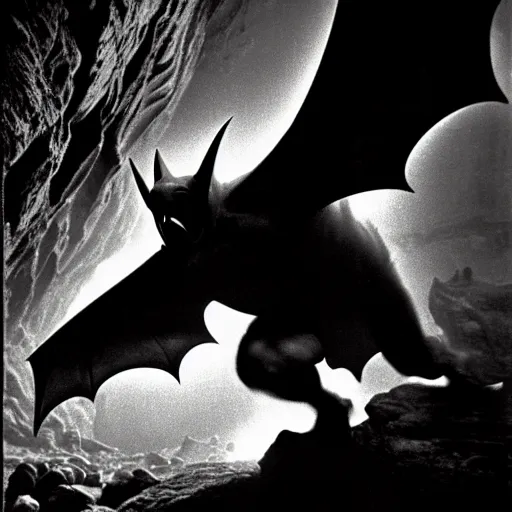 Image similar to a close - up, ultra detailed black & white studio photographic portrait of a loud screeching giant, bat - like creature flying towards you, you are exploring an alien planet and come across a strange, dark cave, dramatic backlighting, 1 9 7 3 photo from life magazine, by keith thompson, h. r. giger,