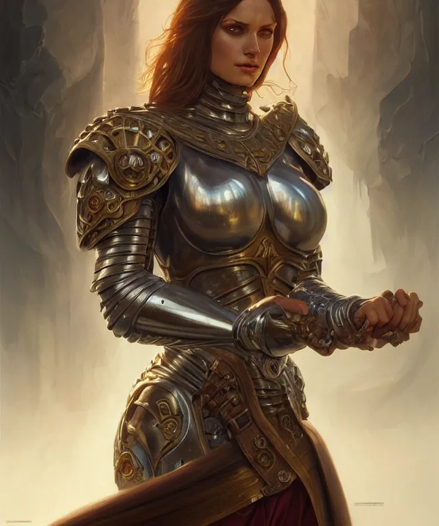 Image similar to Muscular and powerful medieval knight woman portrait, sci-fi, amber eyes, face, long hair, fantasy, intricate, elegant, highly detailed, digital painting, artstation, concept art, smooth, sharp focus, illustration, art by artgerm and greg rutkowski and alphonse mucha