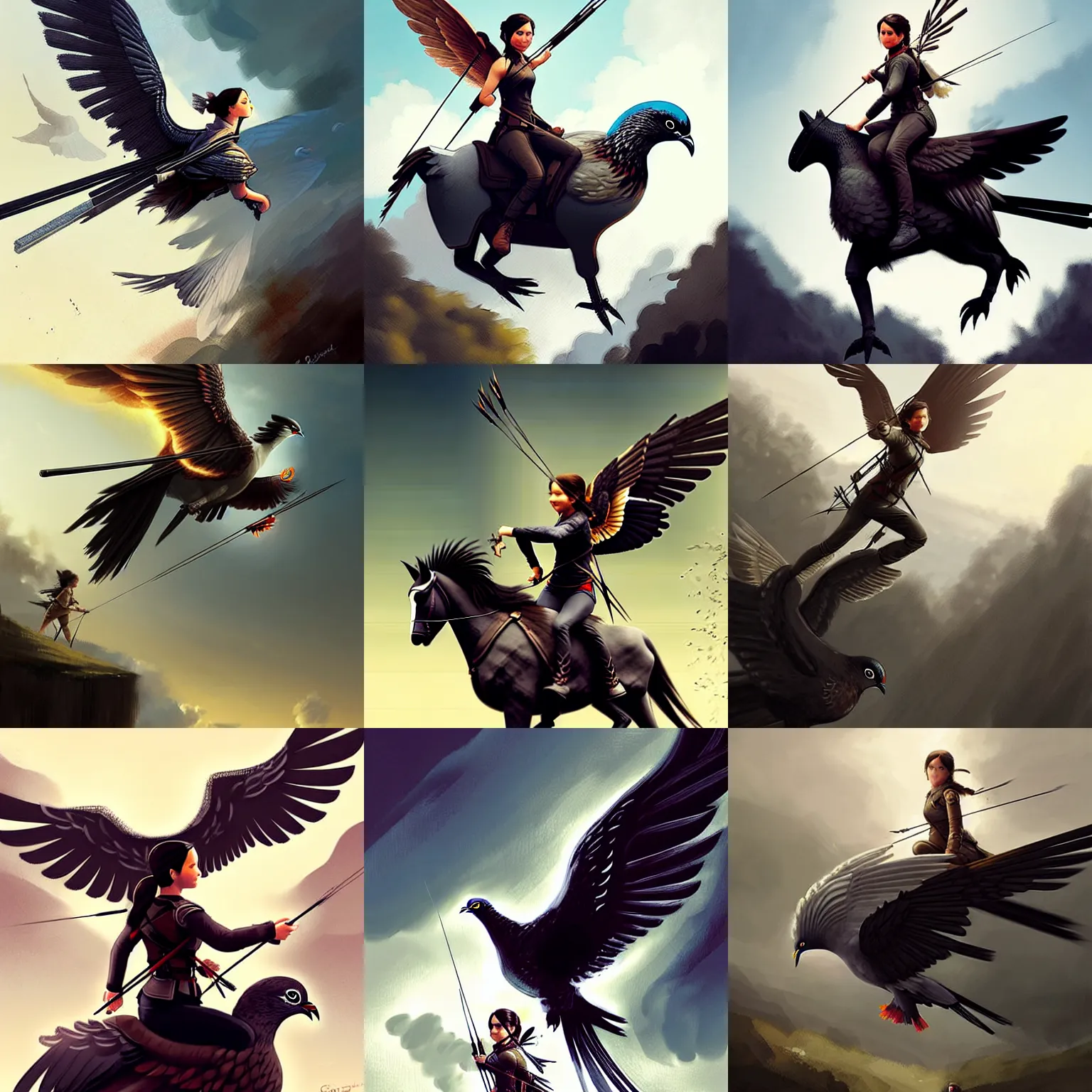 Prompt: katniss everdeen riding on the back of a giant pigeon, digital art by greg rutkowski