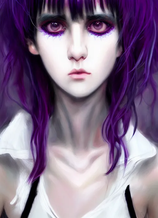 Image similar to hair blackbangs hair, white cyberlox, portrait of normal teenage girl, normal face, black bangs, messy bangs, fluffy bangs, cyberlox, whitebangs, red contact lenses, purple background, intricate, elegant, highly detailed, digital painting, artstation, concept art, sharp focus, smooth, illustration, art by wlop, mars ravelo and greg rutkowski