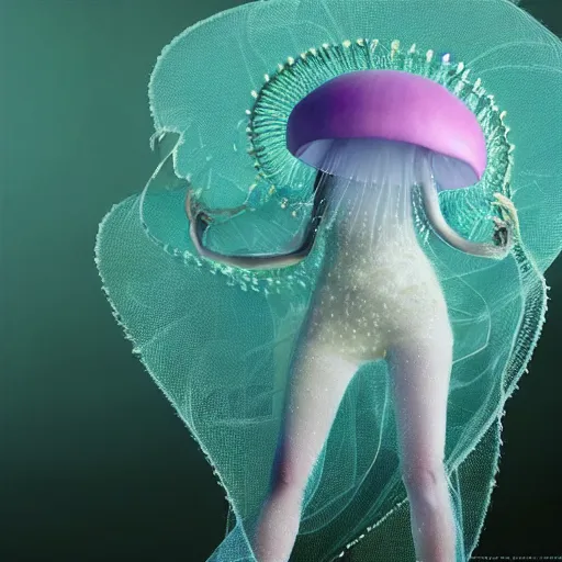 Prompt: closeup of a luminous jelly fish armor. soft. fragile. by ray caesar. by anna claren. surreal photography