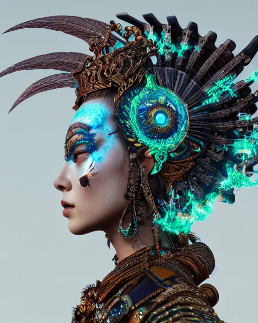 Image similar to 3 d warrior goddess close - up profile portrait. beautiful intricate highly detailed chuu!! magpie helm and richly embroidered blouse, quetzalcoatl, bioluminescent, plasma, lava, ice, feather, windy, artwork by tooth wu and wlop and annie leibovitz, octane 3 d render