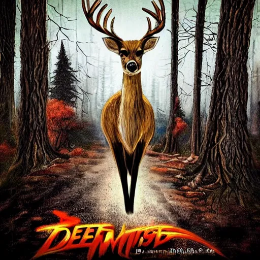 Prompt: you see a deer in the woods in the style of the cover to twisted metal : black