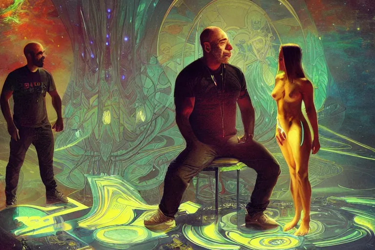 Image similar to joe rogan interviewing an inter - dimensional dmt alien, octane render, by greg rutkowski, alphonse mucha, artgerm