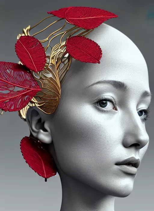 Image similar to complex 3d render ultra detailed of a beautiful porcelain profile young woman face, mechanical cyborg, 200 mm lens, beautiful studio soft light, rim light, silver gold red details, magnolia big leaves and stems, roots, fine foliage lace, mesh wire, Alexander Mcqueen high fashion haute couture, art nouveau fashion embroidered, intricate details, hyper realistic, ultra detailed, mandelbrot fractal, anatomical, facial muscles, cable wires, microchip, elegant, octane render, H.R. Giger style, 8k post-production