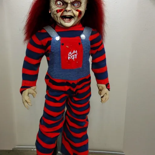 Prompt: Chucky the killer doll for sale at a horror convention