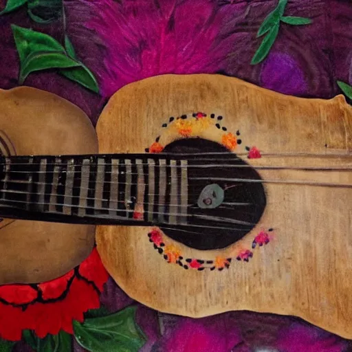 Prompt: guitar made out of human skin decaying with flowers in a frida kahlo painting style