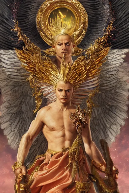 Image similar to a Chihuahua God with a radiant halo and wings, detailed face, gorgeous, flowing hair, very muscular male body, partial anatomy, stormy and grand war scene, delicate and intricate borders for decoration, caesar victorious, proud Emperor, split lighting, character close-up, intricate, highly detailed, 8K, digital painting, fantasy, concept art, sharp focus, art by greg rutkowski beeple and alphonse mucha