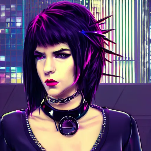 Image similar to an adult cyberpunk woman wearing large spiked punk collar, choker, steel choker, portrait, 4K, digital art, deviantart, artstation, neon, buildings in background,