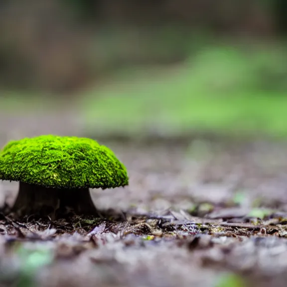 Image similar to a single mushroom, moss and leaves on the floor, depth of field, f / 2. 8, photography