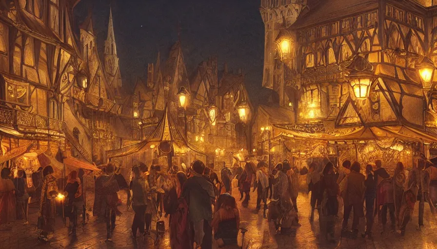 Prompt: medieval city festival near lake at night, beautiful lit lamps, 8 k highly detailed art, intricate, stanley lau, artgerm, artstation, smooth, far shot, wlop, alphonse mucha, cinematic shot, cinematic lighting