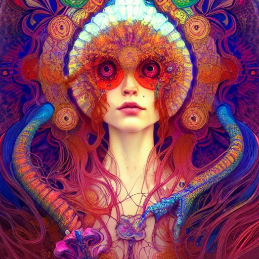 Image similar to An extremely psychedelic experience, reality bending, colorful, surreal, magic mushrooms, psilocybin, LSD, face, detailed, intricate, elegant, highly detailed, digital painting, artstation, concept art, smooth, sharp focus, illustration, art by Krenz Cushart and Artem Demura and alphonse mucha