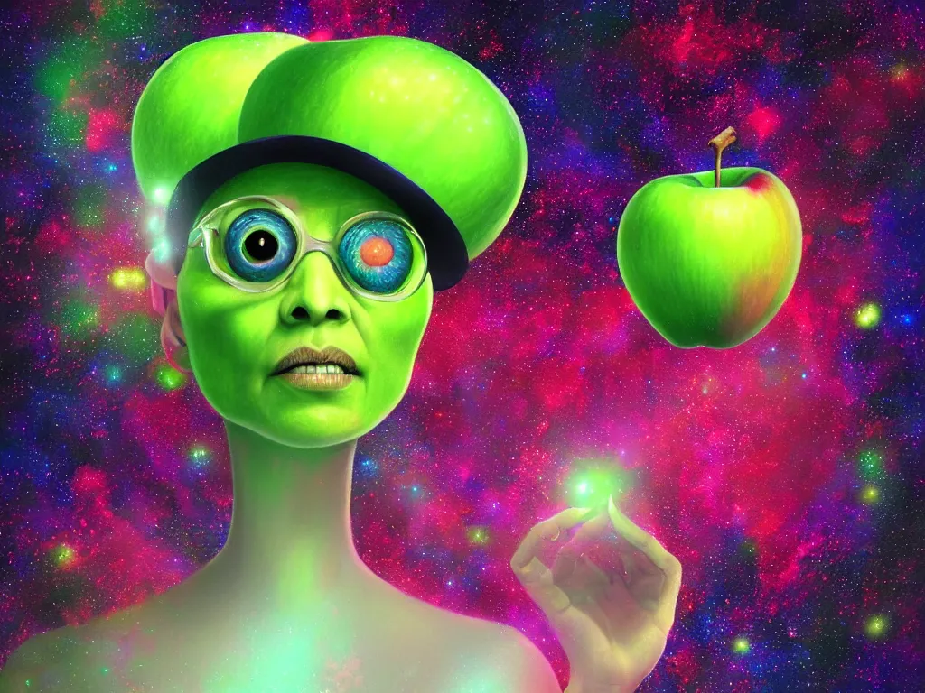 Image similar to Psychedelic portrait of a Granny Smith apple with google eyes floating in space wearing a top hat , volumetric lighting, artstation, digital painting, very high detail, hyperrealistic, vivid color