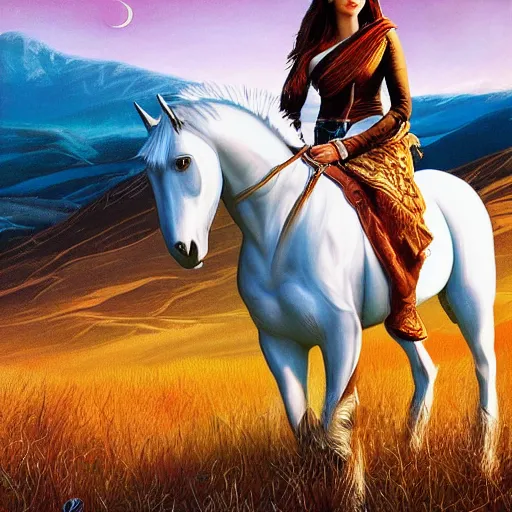 Prompt: a beautiful young kurdish woman riding a beautiufl white horse in the kurdish mountains art by martin ansin, highly detailed, 8 k, high resolution, award winning art, incredibly intricate