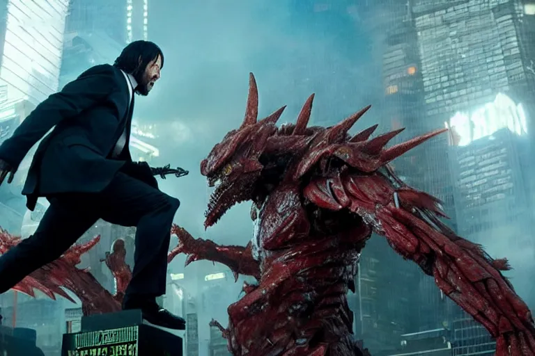 Image similar to film still of john wick fighting a kaiju in tokyo in the new pacific rim movie