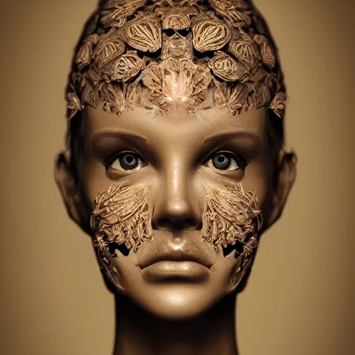 Image similar to beatifull frontal face portrait of a woman, 150 mm, anatomical, flesh, flowers, mandelbrot fractal, facial muscles, veins, arteries, symmetric, intricate, golden ratio, full frame, microscopic, elegant, highly detailed, ornate, ornament, sculpture, elegant , luxury, beautifully lit, ray trace, octane render in the style of peter Gric , alex grey and Romero Ressendi