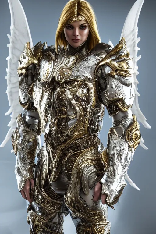 Image similar to a photo of 8k ultra realistic archangel, full body, diablo, intricate white and gold armor, sword, ornate, cinematic lighting, hyperrealistic, focused, high details, unreal engine 5, cinematic, Trending on artstation, artstationHD, artstationHQ, 4k, 8k