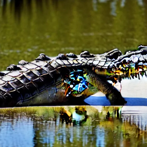 Image similar to Full body photo of a crocodile with feathers