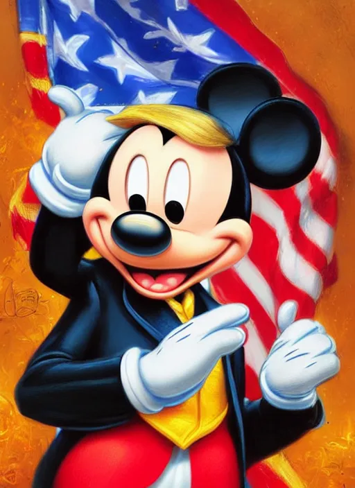 Prompt: donald trump as mickey mouse, digital art by eugene de blaas and ross tran, vibrant color scheme, intricately detailed, in the style of romanticism, cinematic, artstation, greg rutkowski