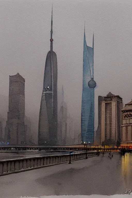 Image similar to A watercolor depicting an empty Shanghai Bund, gloomy weather, high contrast, smooth, by Joseph Zbikowicz, 8k