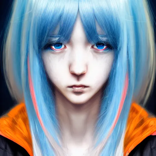 Image similar to full face shot of rimuru tempest, sky blue straight hair, long bangs, with amber eyes, wearing a black jacket, high collar, ultra detailed, concept art, award winning photography, digital painting, cinematic, wlop artstation, closeup, pixiv, evil, yoshitaka amano, andy warhol, ilya kuvshinov,