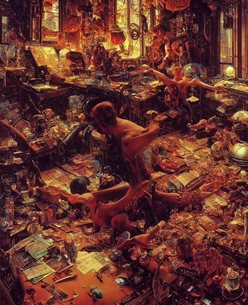 Prompt: pearl iris inside digital chaos, norman rockwell, tim hildebrandt, dariusz zawadzki, bruce pennington, larry elmore, hyperrealistic oil painting on canvas, deep depth field, masterpiece, cinematic composition, hyper - detailed, hd