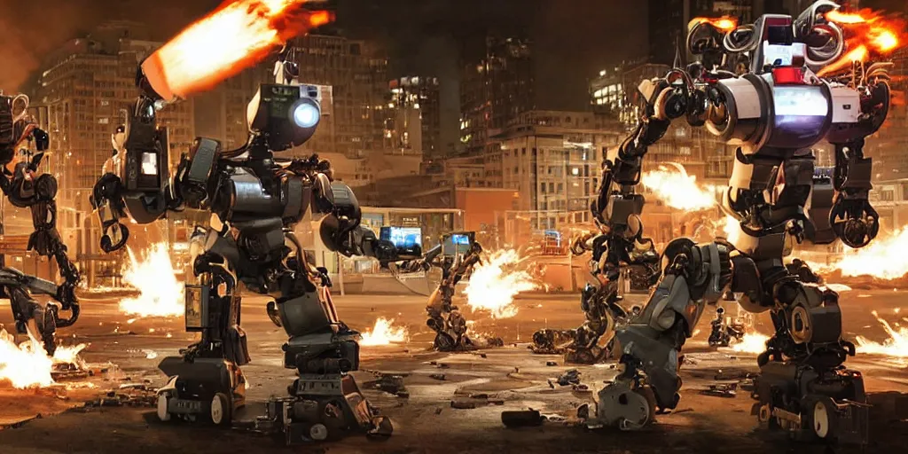 Prompt: a robot with chainsaw arms fighting a cyborg with flame throwers in downtown at night