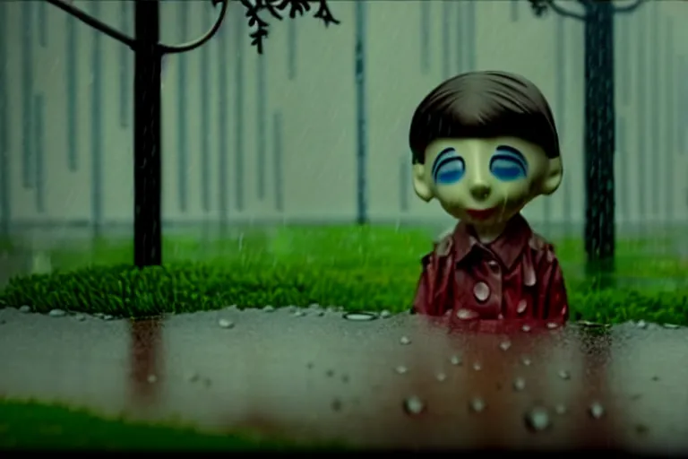 Image similar to A sad scene in the rain, glitchcore, morel orel screencap