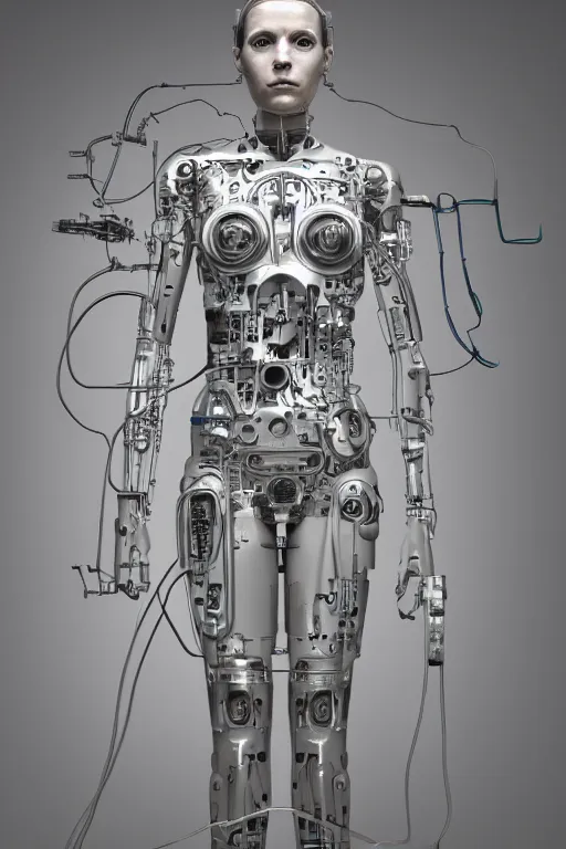 Image similar to Cyborg girl with wires and mechanisms sticking out of her body, full-length view, hyperrealism
